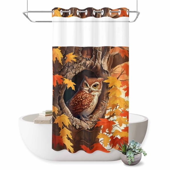 No Hook Shower Curtain with Built-in Rings - Thanksgiving Autumn Washable Waterproof Fabric Bathroom Curtains for Hotel,Rentals, Stall 36 X 72 Inch , Red Maple Leaves Owl Fire Orange