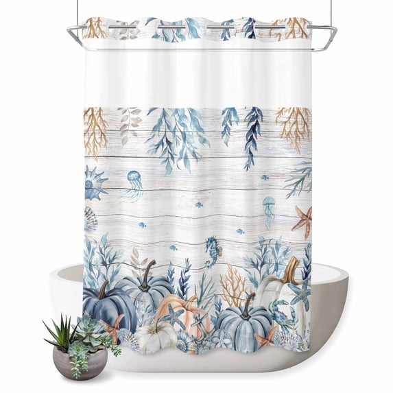 No Hook Shower Curtain with Built-in Rings - Thanksgiving Fall Coastal Washable Waterproof Fabric Bathroom Curtains for Hotel,Rentals, 72 X 84 Inch Extra Long , Blue Pumpkins Sealifes
