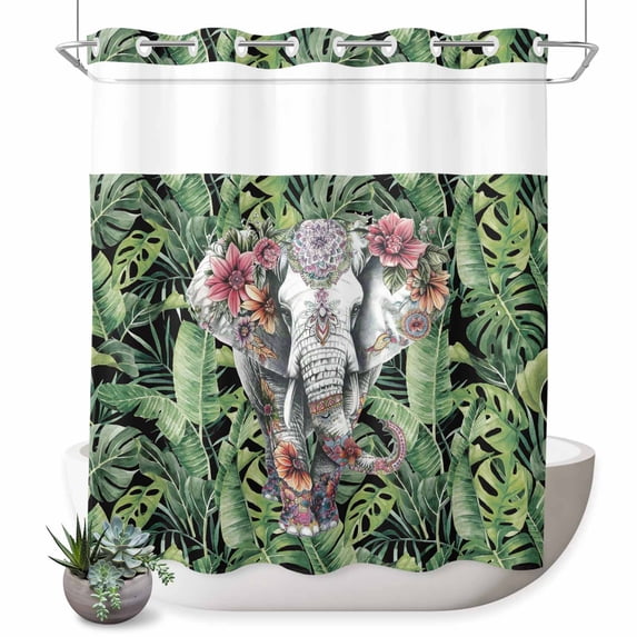 No Hook Shower Curtain with Built-in Rings - Tropical Botanical Washable Waterproof Fabric Bathroom Curtains for Hotel,Rentals, 72 X 72 Inch Long , Elephants Palm Leaves Floral Green Gray