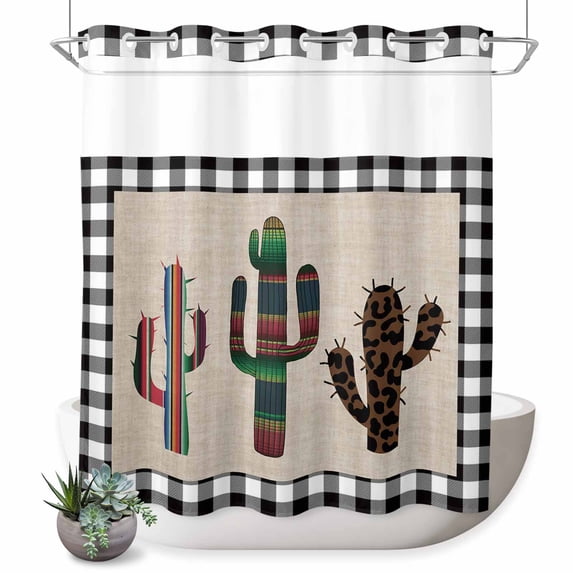 No Hook Shower Curtain with Built-in Rings - Tropical Cactus Washable Waterproof Fabric Bathroom Curtains for Hotel,Rentals, 66 X 72 Inch Long , Black Buffalo Check Plaid