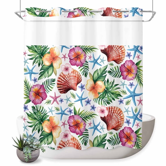 No Hook Shower Curtain with Built-in Rings - Tropical Coastal Washable Waterproof Fabric Bathroom Curtains for Hotel,Rentals, 72 X 72 Inch Long , Summer Shell Starfish Blue Green Pink