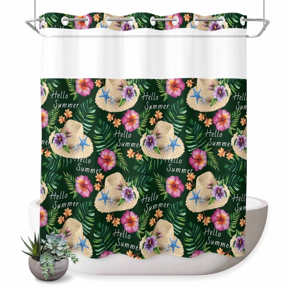No Hook Shower Curtain with Built-in Rings - Tropical Motivational Washable Waterproof Fabric Bathroom Curtains for Hotel,Rentals, 66 X 72 Inch Long , Hello Summer Hat Tropical Plants Green
