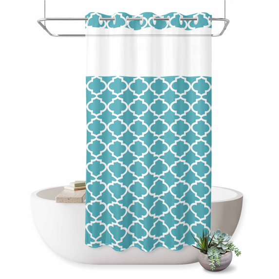 No Hook Shower Curtain with Built-in Rings - Turquoise White Geometric Washable Waterproof Fabric Bathroom Curtains for Hotel,Rentals, Stall 36 X 78 Inch , Minimalist Morocco Pattern