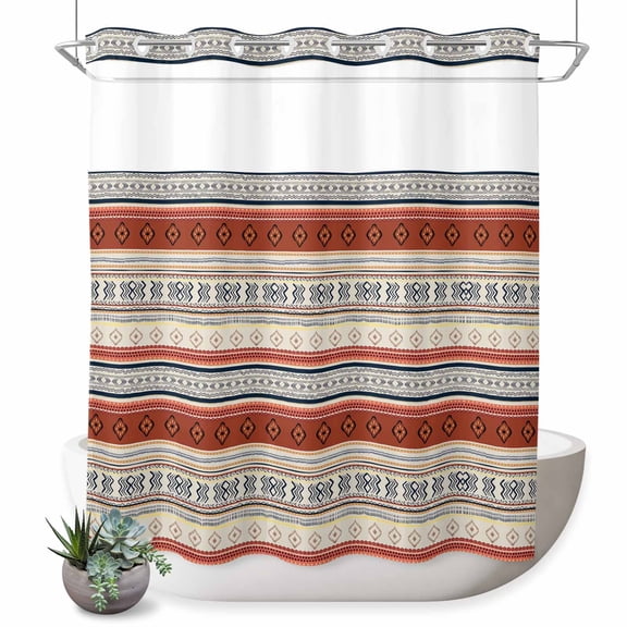 No Hook Shower Curtain with Built-in Rings - Vintage Boho Washable Waterproof Fabric Bathroom Curtains for Hotel,Rentals, 72 X 72 Inch Long , Orange Black Brown