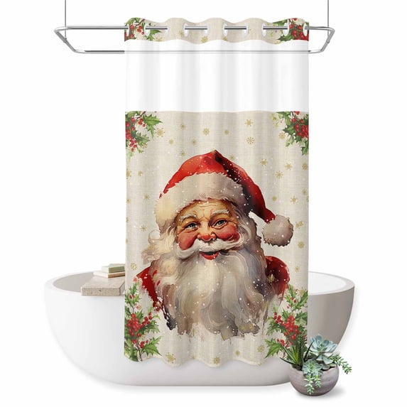 No Hook Shower Curtain with Built-in Rings - Vintage Santa Claus Christmas Washable Waterproof Fabric Bathroom Curtains for Hotel,Rentals, Stall 36 X 78 Inch , BerriesLeaves Snowflake