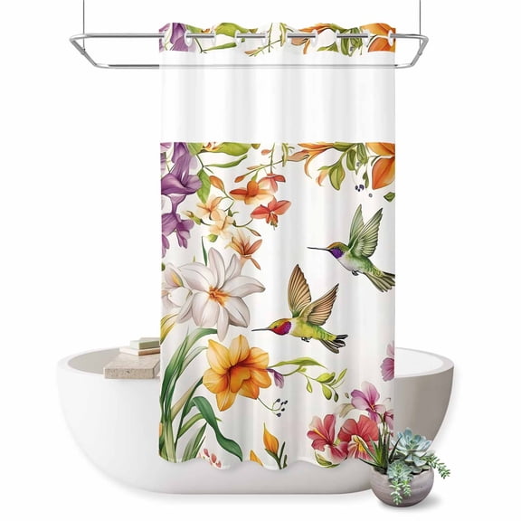 No Hook Shower Curtain with Built-in Rings - Watercolor Hummingbird Flowers Washable Waterproof Fabric Bathroom Curtains for Hotel,Rentals, Stall 36 X 72 Inch , Retro Floral Leaf