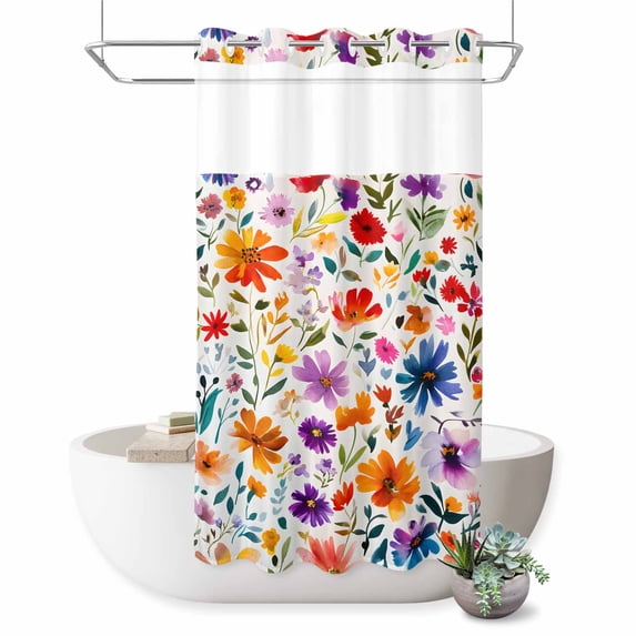 No Hook Shower Curtain with Built-in Rings - Watercolor Wild Flowers Print Washable Waterproof Fabric Bathroom Curtains for Hotel,Rentals, Stall 36 X 72 Inch , Boho Floral