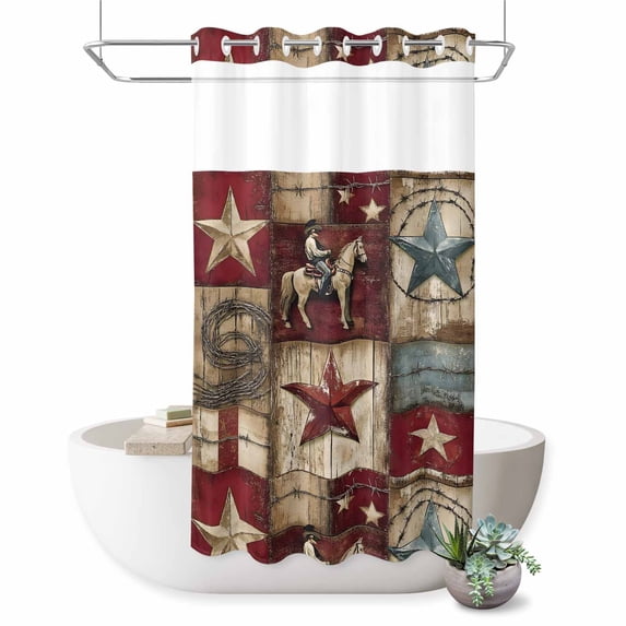 No Hook Shower Curtain with Built-in Rings - Western Farmhouse Washable Waterproof Fabric Bathroom Curtains for Hotel,Rentals, Stall 36 X 72 Inch , Vintage Wood Texture Barn Star Red Gray