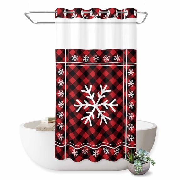 No Hook Shower Curtain with Built-in Rings - White Christmas Snowflake Washable Waterproof Fabric Bathroom Curtains for Hotel,Rentals, Stall 36 X 72 Inch , Red Black Buffalo Plaid Check Farmhouse