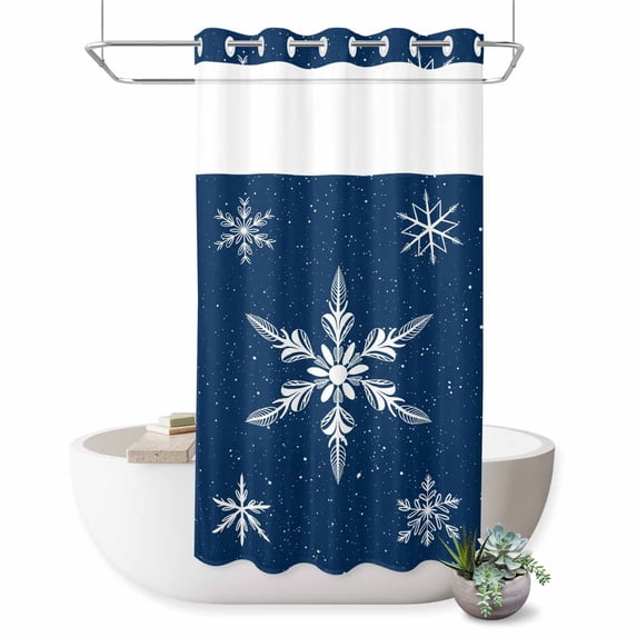 No Hook Shower Curtain with Built-in Rings - White Christmas Snowflakes Washable Waterproof Fabric Bathroom Curtains for Hotel,Rentals, Stall 36 X 78 Inch , Winter Holidays Navy Blue