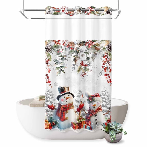 No Hook Shower Curtain with Built-in Rings - White Christmas Snowman Washable Waterproof Fabric Bathroom Curtains for Hotel,Rentals, Stall 54 X 78 Inch , Winter Holly Berry Grey Snowflakes
