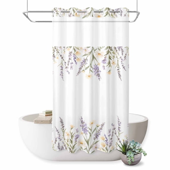 No Hook Shower Curtain with Built-in Rings - White Flowers Leaf ...