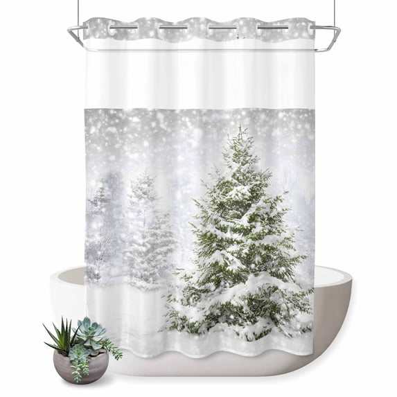 No Hook Shower Curtain with Built-in Rings - Winter Snowy Forest Washable Waterproof Fabric Bathroom Curtains for Hotel,Rentals, 60 X 72 Inch Long , Christmas Tree Themed