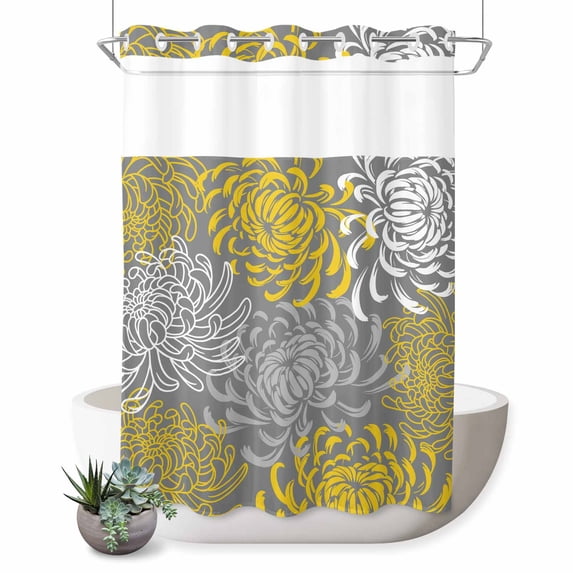 No Hook Shower Curtain with Built-in Rings - Yellow Gray Floral Washable Waterproof Fabric Bathroom Curtains for Hotel,Rentals, 72X 96 Inch Extra Long , Abstract Flowers Pattern