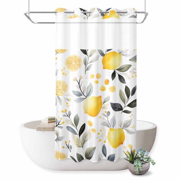No Hook Shower Curtain with Built-in Rings - Yellow Lemon Washable Waterproof Fabric Bathroom Curtains for Hotel,Rentals, Stall 36 X 72 Inch Fruit Leaf
