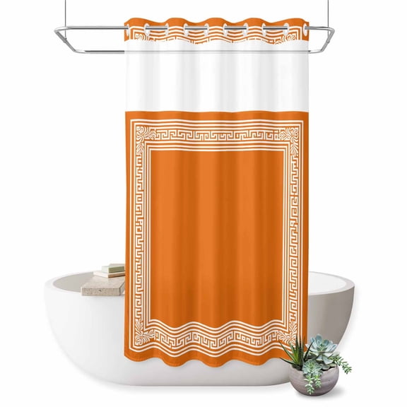 No Hook Shower Curtain, Burnt Orange Geometric Shower Curtains for Bathroom with See Through Top Window, Country Greece Key Art Waterproof & Washable Bath Curtain Stand Up Stall 36"x72"