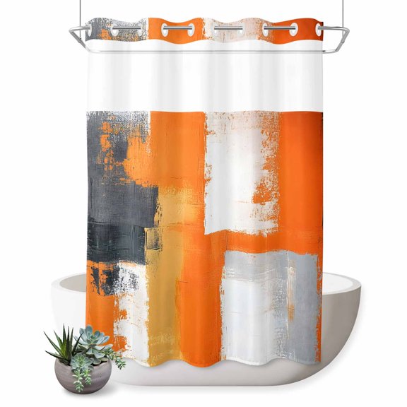 No Hook Shower Curtain, Burnt Orange Grey Shower Curtains for Bathroom with See Through Top Window, Modern Oil Painted Art Abstract Waterproof & Washable Bath Curtain 60"x72"