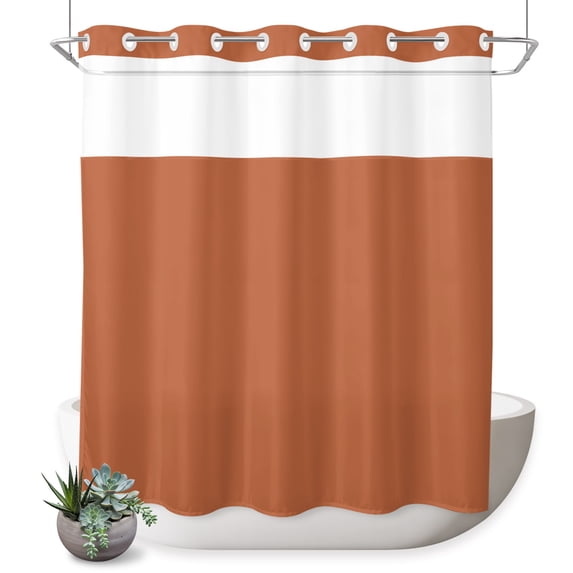 No Hook Shower Curtain, Burnt Orange Shower Curtains for Bathroom with See Through Top Window, Minimalist Modern Solid Color Orange Waterproof & Washable Bath Curtain 66"x72"