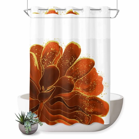 No Hook Shower Curtain, Burnt Orange Shower Curtains for Bathroom with See Through Top Window, Sparkle Gold Stained Floral Flower Art Waterproof & Washable Bath Curtain 60"x72"