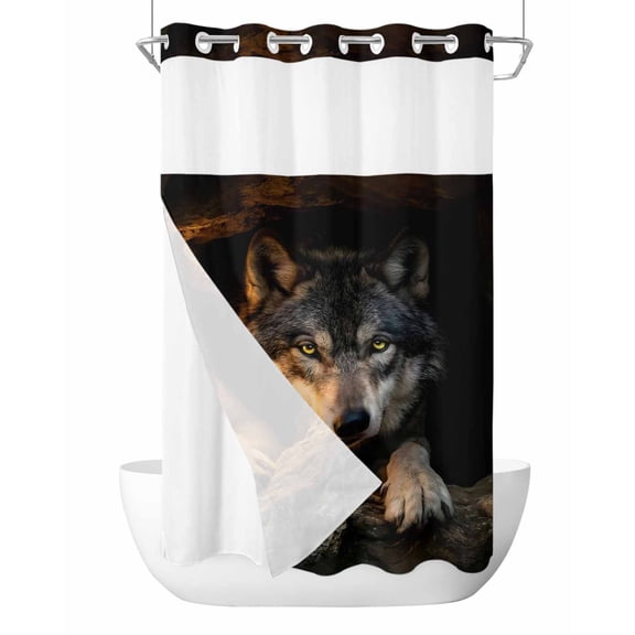 No Hook Shower Curtain, Cabin Wolf Small Shower Curtains with Snap in Liner, Farmhouse Animals Black Waterproof Washable Fabric Bathroom Curtain Set, 36" x 72"