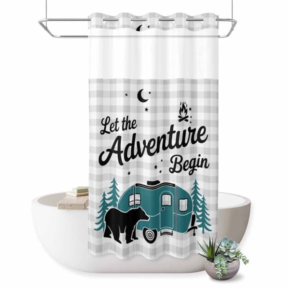 No Hook Shower Curtain Camper Van Bear Shower Curtain for Bathroom Let The Adventure Begin Moon Plaid Bath Curtains Waterproof Fabric with See Through Top Window for Spa Hotel 36x72 Inch