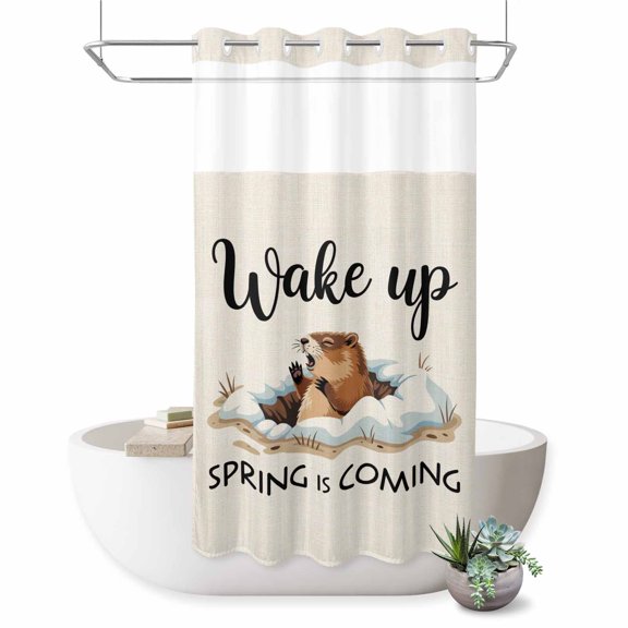No Hook Shower Curtain, Cartoon Groundhog Shower Curtains for Bathroom with See Through Top Window, Wake Up Spring Is Coming Country Waterproof & Washable Bath Curtain Stand Up Stall 36"x72"