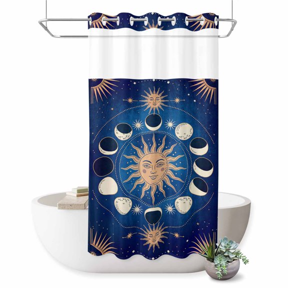 No Hook Shower Curtain Celestial Sun and Moon Shower Curtain for Bathroom Blue Starry Galaxy Boho Bath Curtains Waterproof Fabric with See Through Top Window for Spa Hotel 36x72 Inch