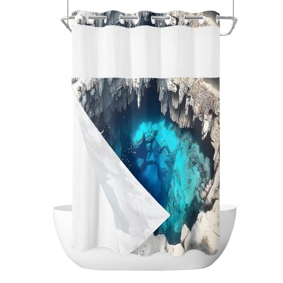 No Hook Shower Curtain, Cenote Pool Small Shower Curtains with Snap in Liner, Cave Walls Aqua Water Dreamy Vibrant Waterproof Washable Fabric Bathroom Curtain Set, 36" x 78"