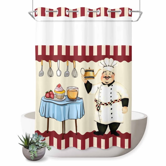 No Hook Shower Curtain, Chef Shower Curtains for Bathroom with See Through Top Window, Red Fruit Cake Hat Kitchen Gourmet Vintage Waterproof & Washable Bath Curtain 60"x72"