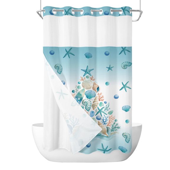 No Hook Shower Curtain, Christmas Coastal Small Shower Curtains with Snap in Liner, Blue Pine Tree Ocean Starfish Conch Coral Waterproof Washable Fabric Bathroom Curtain Set, 36" x 72"