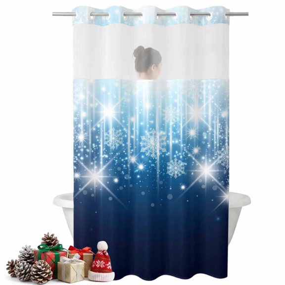 No Hook Shower Curtain, Christmas Magic Shower Curtains for Bathroom with See Through Top Window, Snowflake Bokeh Sparkle Minimalist Waterproof & Washable Bath Curtain Stand Up Stall 36"x72"