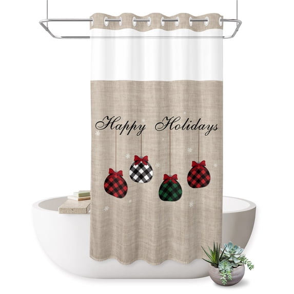 No Hook Shower Curtain, Christmas Shower Curtains for Bathroom with See Through Top Window, Winter Snowflakes Plaid Xmas Balls Bow on Linen Waterproof & Washable Bath Curtain Stand Up Stall 36"x72"