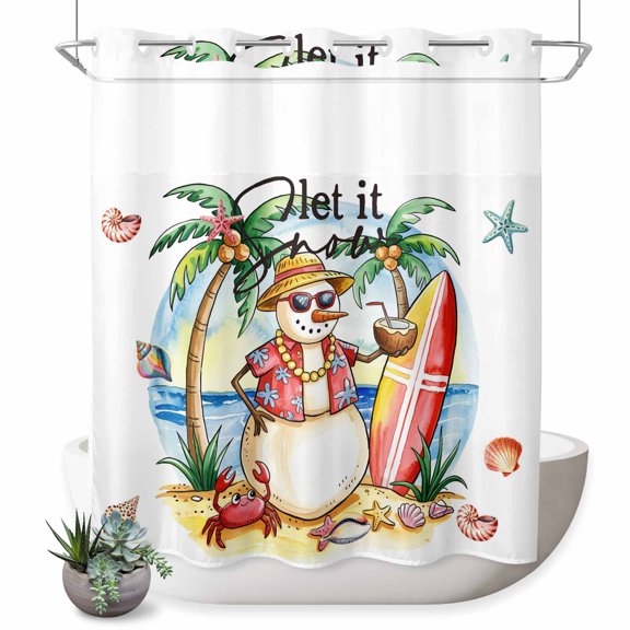 No Hook Shower Curtain, Christmas Snowman Shower Curtains for Bathroom with See Through Top Window, Winter Coastal Beach Palm Tree Xmas Waterproof & Washable Bath Curtain 66"x72"