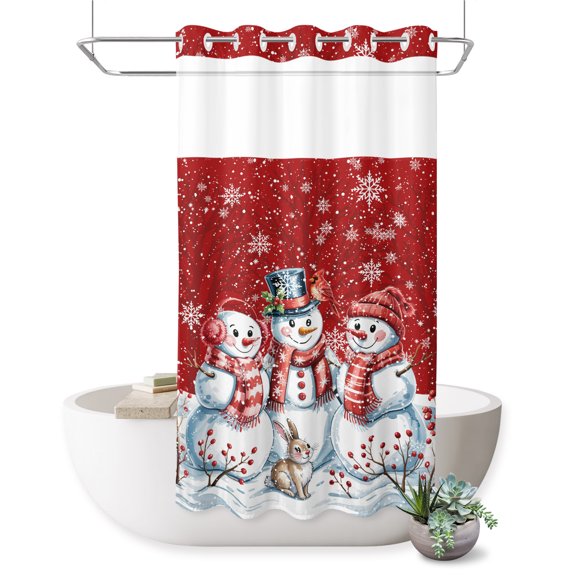No Hook Shower Curtain, Christmas Snowman Shower Curtains for Bathroom with See Through Top Window, Winter Xmas Snowflakes Cardinal Red Waterproof & Washable Bath Curtain Stand Up Stall 36"x72"