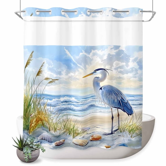 No Hook Shower Curtain, Coastal Birds Shower Curtains for Bathroom with See Through Top Window, Blue Sky Heron Seabird Tropical Beach Waterproof & Washable Bath Curtain 66"x72"
