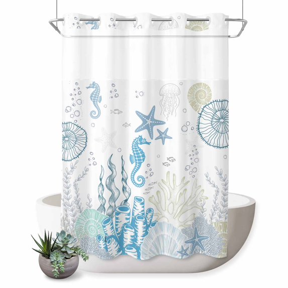 No Hook Shower Curtain, Coastal Blue Shower Curtains for Bathroom with See Through Top Window, Ocean Coral Starfish Jellyfish Seahorse Waterproof & Washable Bath Curtain Stall 48"x72"