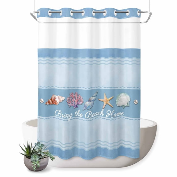 No Hook Shower Curtain, Coastal Blue Striped Shower Curtains for Bathroom with See Through Top Window, Ocean Sea Summer Starfish Coral Shells Waterproof & Washable Bath Curtain 60"x72"