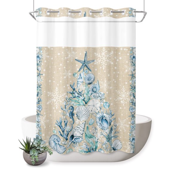 No Hook Shower Curtain, Coastal Christmas Tree Shower Curtains for Bathroom with See Through Top Window, Blue Starfish Snowflake Beige Rustic Waterproof & Washable Bath Curtain 60"x72"
