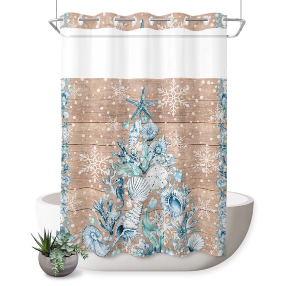 No Hook Shower Curtain, Coastal Christmas Trees Shower Curtains for Bathroom with See Through Top Window, Winter Snowflakes Corals Wood Grain Waterproof & Washable Bath Curtain Stall 48"x72"