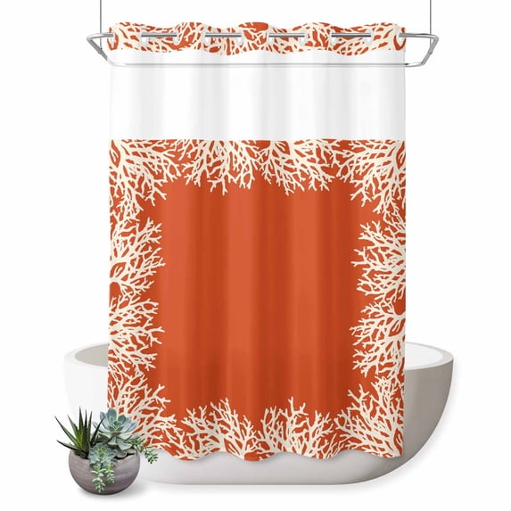No Hook Shower Curtain, Coastal Coral Shower Curtains for Bathroom with See Through Top Window, Orange White Ocean Marine Nautical Beach Waterproof & Washable Bath Curtain Stall 48"x72"