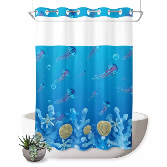 No Hook Shower Curtain, Coastal Jellyfish Shower Curtains for Bathroom with See Through Top Window, Nautical Coral Starfish Ocean Creatures Waterproof & Washable Bath Curtain 60"x72"