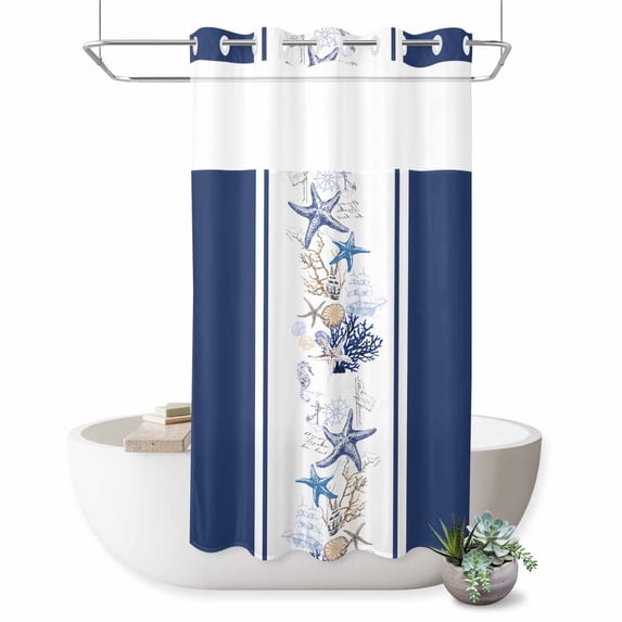 No Hook Shower Curtain, Coastal Navy Shower Curtains for Bathroom with See Through Top Window, Blue Starfish Coral Nautical Striped Waterproof & Washable Bath Curtain Small Stall 36"x78"