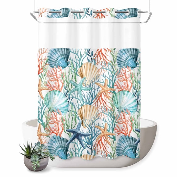 No Hook Shower Curtain, Coastal Shower Curtains for Bathroom with See Through Top Window, Nautical Summer Beach Coral Starfish Shell Waterproof & Washable Bath Curtain Extra Long 72"x84"