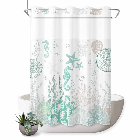 No Hook Shower Curtain, Coastal Turquoise Shower Curtains for Bathroom with See Through Top Window, Coral Starfish Jellyfish Seahorse Waterproof & Washable Bath Curtain Stall 48"x72"