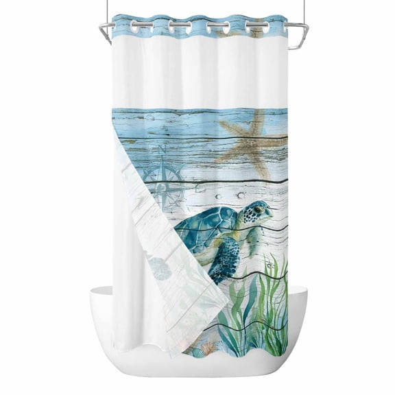 No Hook Shower Curtain, Coastal Turtle Small Shower Curtains with Snap in Liner, Nautical Ocean Shells Seaweeds Starfish Waterproof Washable Fabric Bathroom Curtain Sets, 36"W x 72"L