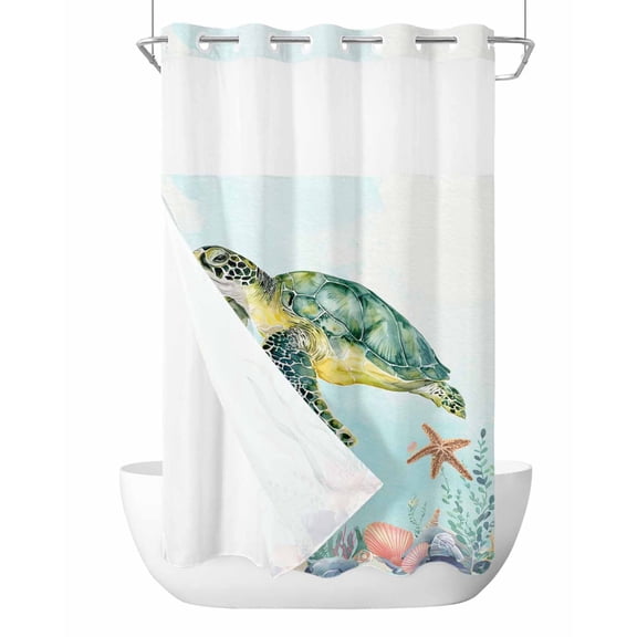 No Hook Shower Curtain, Coastal Turtle Small Shower Curtains with Snap in Liner, Summer Farmhouse Nautical Starfish Shell Waterproof Washable Fabric Bathroom Curtain Sets, 36" x 72"