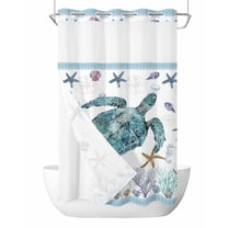 No Hook Shower Curtain, Coastal Turtle Stall Bathroom Curtains with Snap in Liner, Nautical Starfish Coral Jellyfish Stripes Waterproof Washable Fabric Shower Curtain Set, 54" x 78"