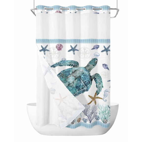 No Hook Shower Curtain, Coastal Turtle Stall Bathroom Curtains with Snap in Liner, Nautical Starfish Coral Jellyfish Stripes Waterproof Washable Fabric Shower Curtain Set, 54" x 78"