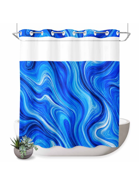 No Hook Shower Curtain, Cobalt Blue Swirling Waves Waterproof Shower Curtains See Through Top Window, Marble Veins Pattern Hotel Luxury Bathroom Curtain 72x72in