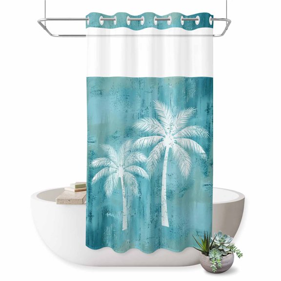 No Hook Shower Curtain Coconut Palm Tree Shower Curtain for Bathroom Teal Tropical Summer Beach Bath Curtains Waterproof Fabric with See Through Top Window for Spa Hotel 36x72 Inch